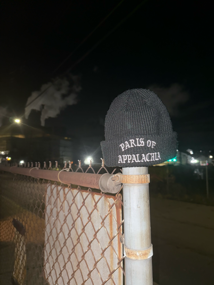 POA fisherman beanie, black with gray script embroidery, PARIS OF APPALACHIA