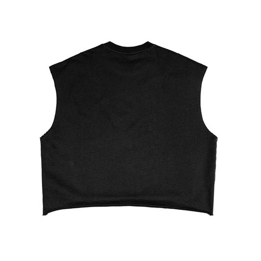 Boxy Tank Top detail, raw armhole and blunt hem on black French terry
