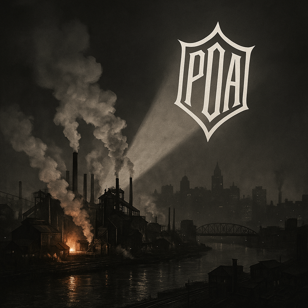 Steel mills and city skyline with POA crest spotlight