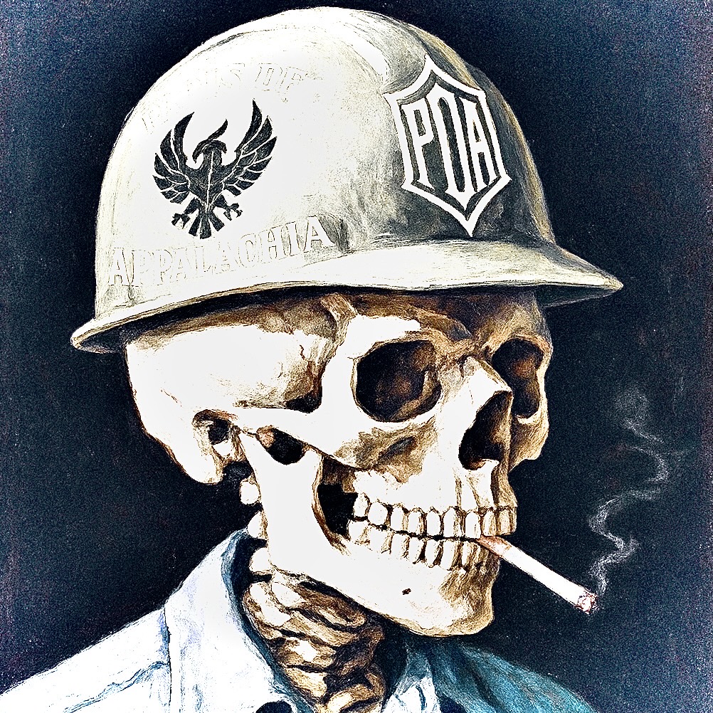 Skeleton worker in POA helmet smoking
