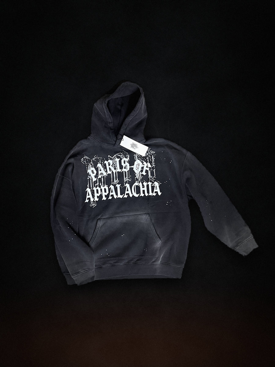 MASS hoodie, vintage-wash black, PARIS OF APPALACHIA Pittsburgh streetwear